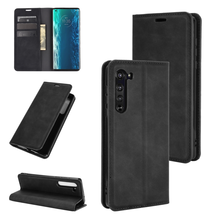 

For Motorola Edge Retro-skin Business Magnetic Suction Leather Case with Holder & Card Slots & Wallet(Black)