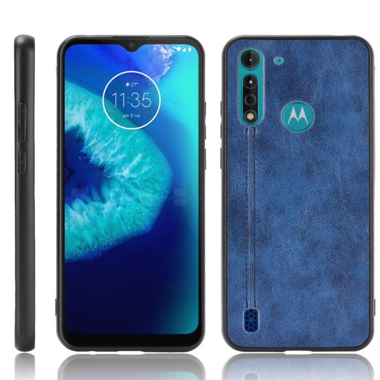 

For Motorola Moto G8 Power Lite Shockproof Sewing Cow Pattern Skin PC + PU + TPU Case(Blue)