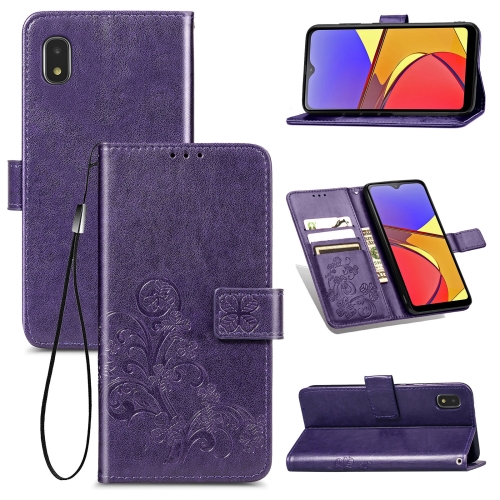 

For Samsung Galaxy A21 (JP Version) Four-leaf Clasp Embossed Buckle Mobile Phone Protection Leather Case with Lanyard & Card Slot & Wallet & Bracket Function(Purple)