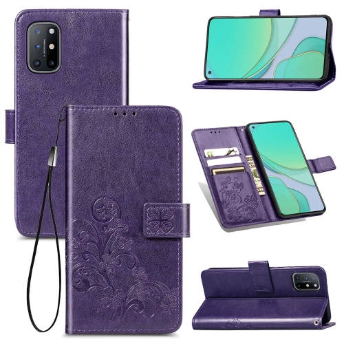 

For OnePlus 8T Four-leaf Clasp Embossed Buckle Mobile Phone Protection Leather Case with Lanyard & Card Slot & Wallet & Bracket Function(Purple)