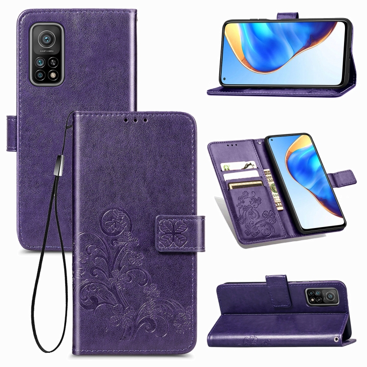 

For Xiaomi Mi 10T / Redmi K30S Four-leaf Clasp Embossed Buckle Mobile Phone Protection Leather Case with Lanyard & Card Slot & Wallet & Bracket Function(Purple)