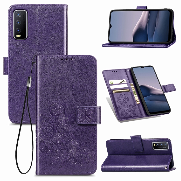 

For vivo Y20 Four-leaf Clasp Embossed Buckle Mobile Phone Protection Leather Case with Lanyard & Card Slot & Wallet & Bracket Function(Purple)