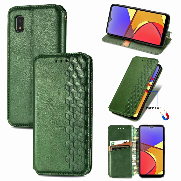 

For Samsung Galaxy A21 (JP Version) Cubic Grid Pressed Horizontal Flip Magnetic PU Leather Case with Holder & Card Slots & Wallet(Green)