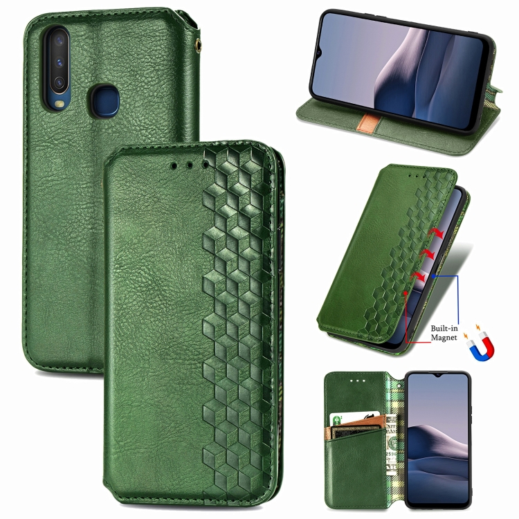 

For vivo Y20 Cubic Grid Pressed Horizontal Flip Magnetic PU Leather Case with Holder & Card Slots & Wallet(Green)