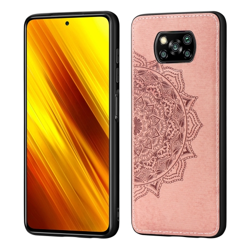 

For Xiaomi Poco X3 NFC Mandala Embossed Cloth Cover PC + TPU Case with Magnetic Function and Hand Strap(Rose Gold)