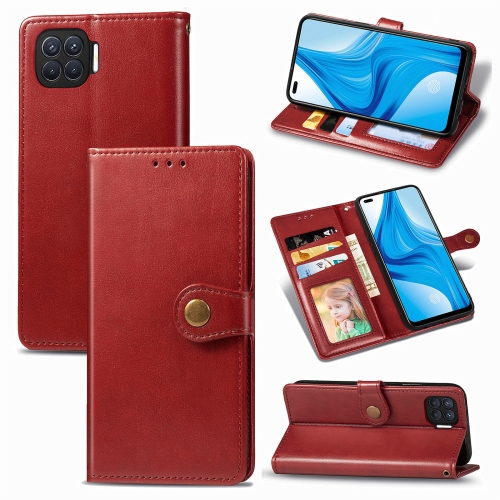 

For OPPO F17 Pro Retro Solid Color Leather Buckle Phone Case with Lanyard & Photo Frame & Card Slot & Wallet & Stand Function(Red)