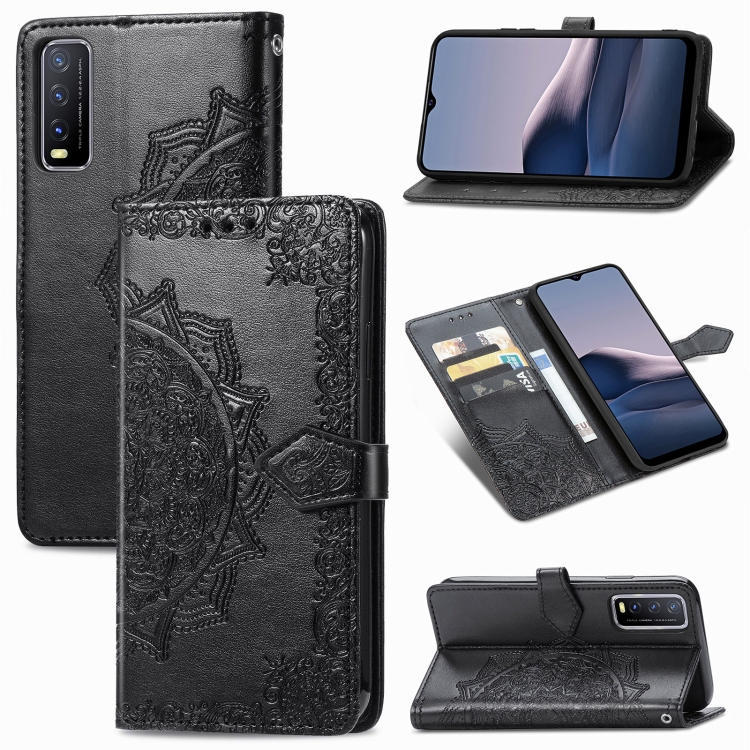 

For vivo Y20 Mandala Flower Embossed Horizontal Flip Leather Case with Bracket / Card Slot / Wallet / Lanyard(Black)
