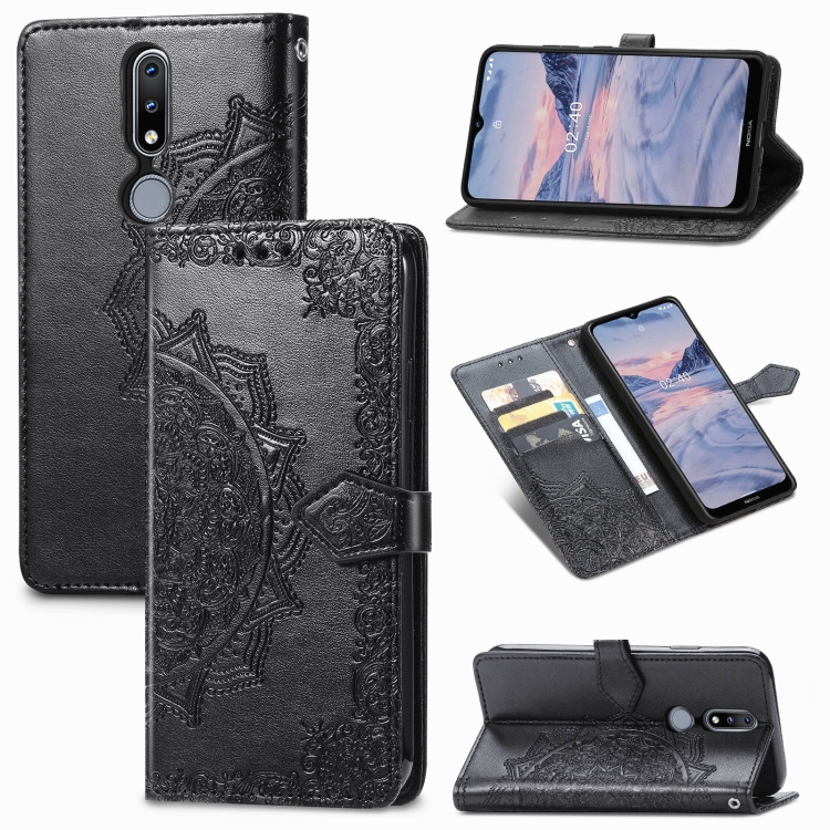 

For Nokia 2.4 Mandala Flower Embossed Horizontal Flip Leather Case with Bracket / Card Slot / Wallet / Lanyard(Black)