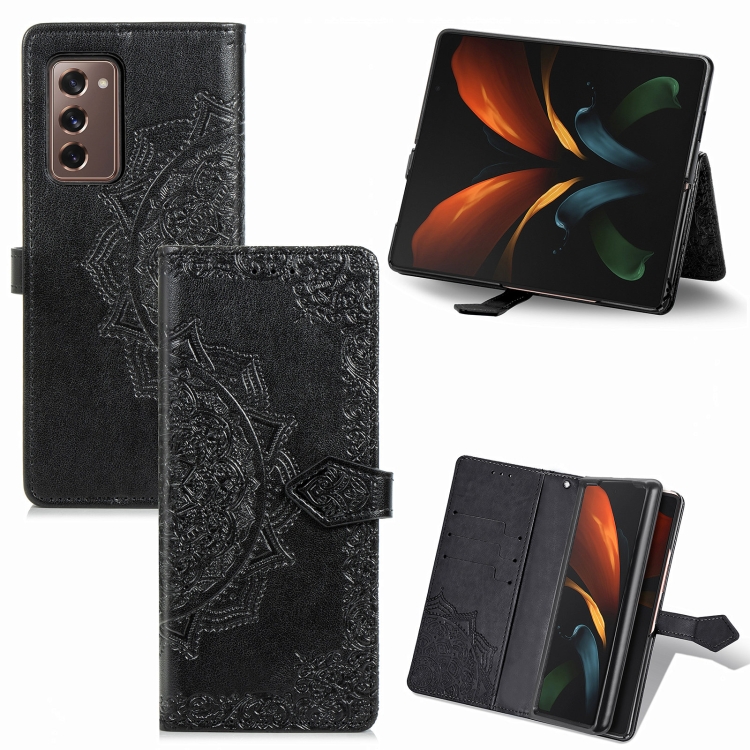 

For Samsung Galaxy Z Fold2 Mandala Flower Embossed Horizontal Flip Leather Case with Bracket / Card Slot / Wallet / Lanyard(Black)