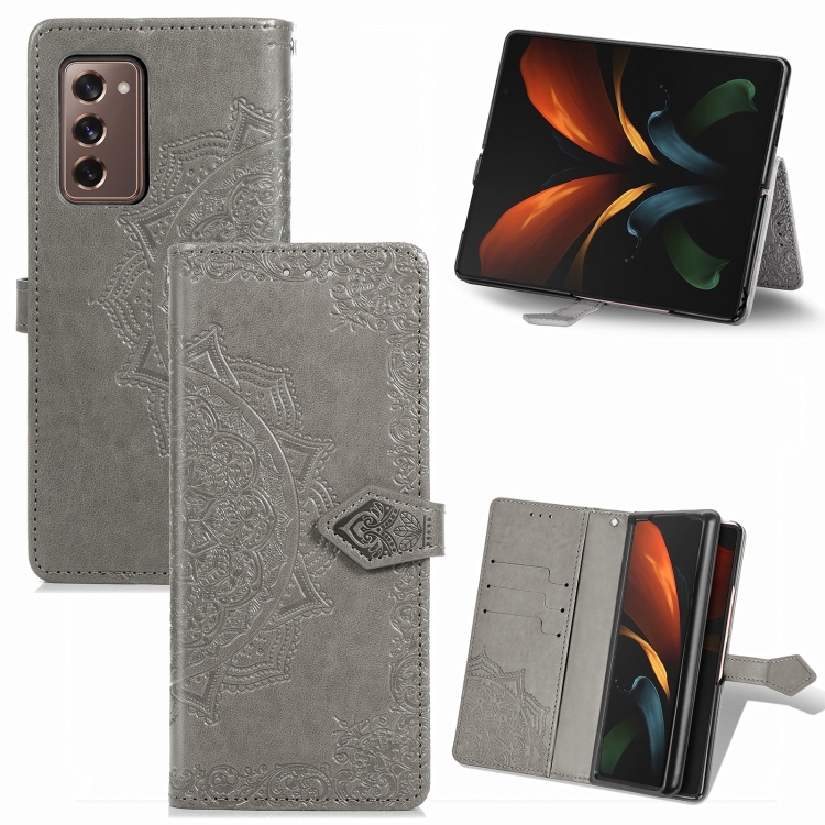 

For Samsung Galaxy Z Fold2 Mandala Flower Embossed Horizontal Flip Leather Case with Bracket / Card Slot / Wallet / Lanyard(Gray)
