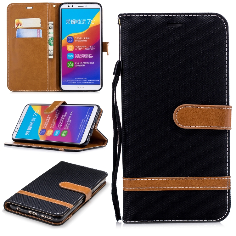 

Color Matching Denim Texture Leather Case for Huawei Honor 7C / Enjoy 8, with Holder & Card Slots & Wallet & Lanyard(Black)