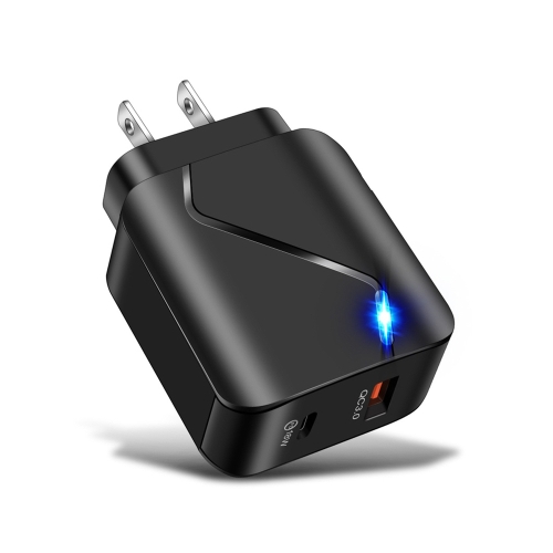 

LZ-819A+C QC3.0 USB + PD 18W USB-C / Type-C Interfaces Travel Charger with Indicator Light, US Plug(Black)