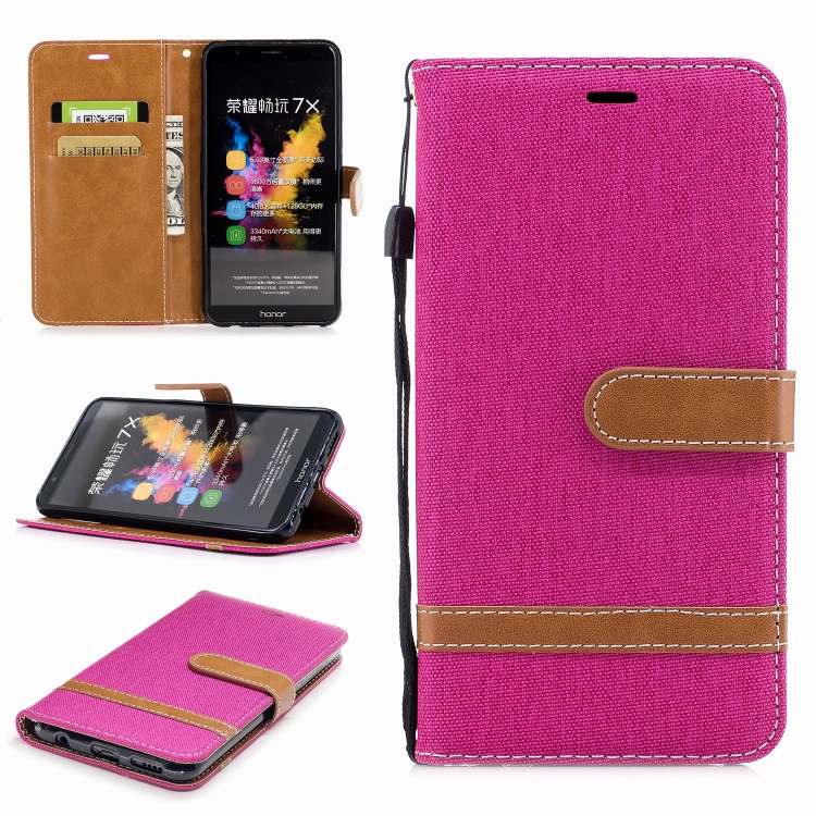 

Color Matching Denim Texture Leather Case for Huawei Honor 7X, with Holder & Card Slots & Wallet & Lanyard(Rose Red)