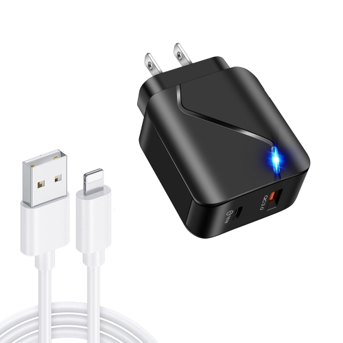 

LZ-819A+C 18W QC3.0 USB + PD USB-C / Type-C Interface Travel Charger with Indicator Light + USB to 8 Pin Fast Charging Data Cable Set, US Plug(Black)