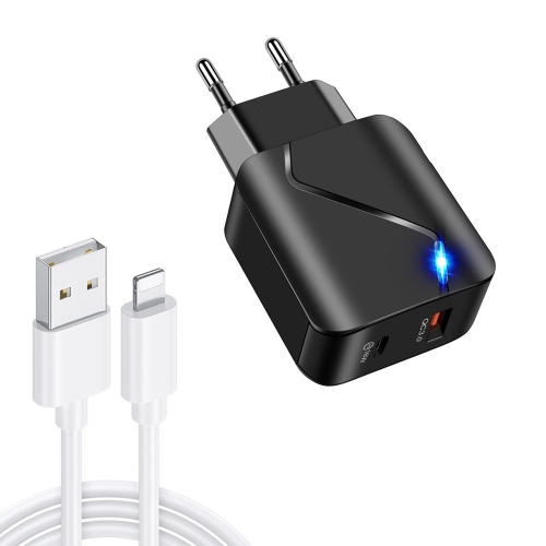 

LZ-819A+C 18W QC3.0 USB + PD USB-C / Type-C Interface Travel Charger with Indicator Light + USB to 8 Pin Fast Charging Data Cable Set, EU Plug(Black)