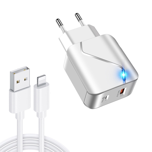 

LZ-819A+C 18W QC3.0 USB + PD USB-C / Type-C Interface Travel Charger with Indicator Light + USB to 8 Pin Fast Charging Data Cable Set, EU Plug(White)