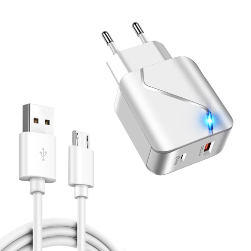 

LZ-819A+C 18W QC3.0 USB + PD USB-C / Type-C Interface Travel Charger with Indicator Light + USB to Micro USB Fast Charging Data Cable Set, EU Plug(White)