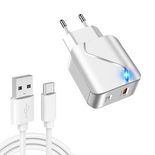 

LZ-819A+C 18W QC3.0 USB + PD USB-C / Type-C Interface Travel Charger with Indicator Light + USB to USB-C / Type-C Fast Charging Data Cable Set, EU Plug(White)