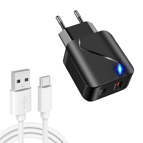 

LZ-819A+C 18W QC3.0 USB + PD USB-C / Type-C Interface Travel Charger with Indicator Light + USB to USB-C / Type-C Fast Charging Data Cable Set, EU Plug(Black)
