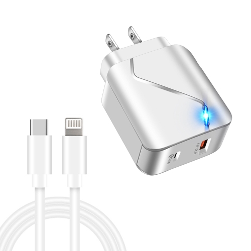 

LZ-819A+C 18W QC3.0 USB + PD USB-C / Type-C Interface Travel Charger with Indicator Light + USB-C / Type-C to 8 Pin Fast Charging Data Cable Set, US Plug(White)