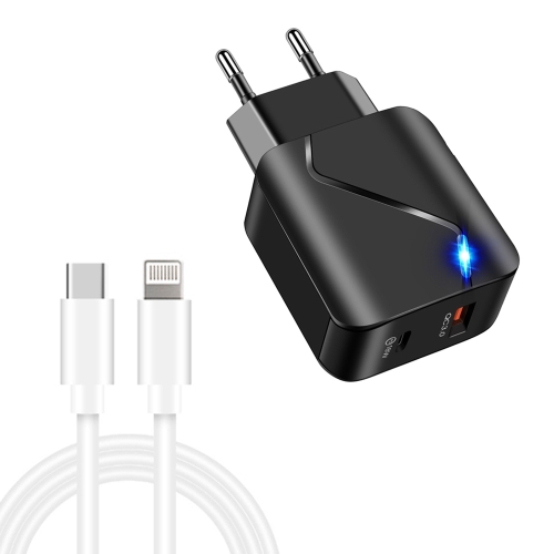 

LZ-819A+C 18W QC3.0 USB + PD USB-C / Type-C Interface Travel Charger with Indicator Light + USB-C / Type-C to 8 Pin Fast Charging Data Cable Set, EU Plug(Black)