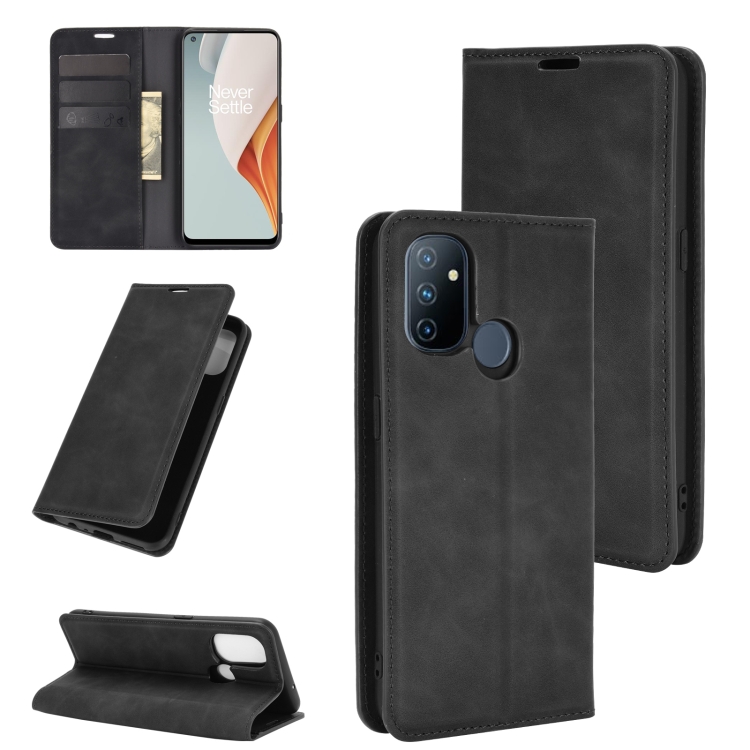 

For OnePlus Nord N100 Retro-skin Business Magnetic Suction Leather Case with Holder & Card Slots & Wallet(Black)