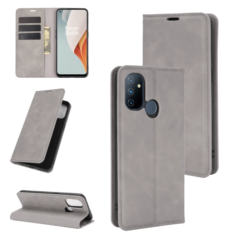 

For OnePlus Nord N100 Retro-skin Business Magnetic Suction Leather Case with Holder & Card Slots & Wallet(Grey)