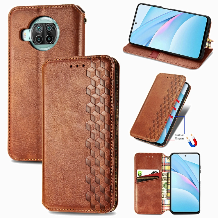 

For Xiaomi Mi 10T Lite 5G Cubic Grid Pressed Horizontal Flip Magnetic PU Leather Case with Holder & Card Slots & Wallet(Brown)