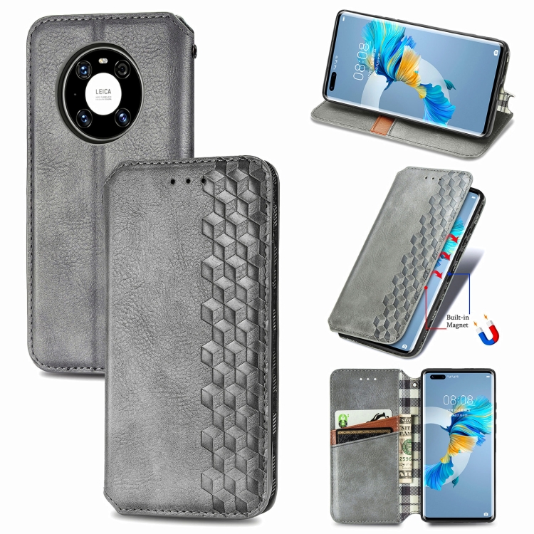 

For Huawei Mate 40 Pro Cubic Grid Pressed Horizontal Flip Magnetic PU Leather Case with Holder & Card Slots & Wallet(Gray)