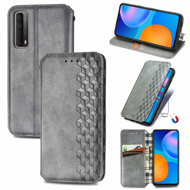 

For Huawei P Smart 2021 Cubic Grid Pressed Horizontal Flip Magnetic PU Leather Case with Holder & Card Slots & Wallet(Gray)