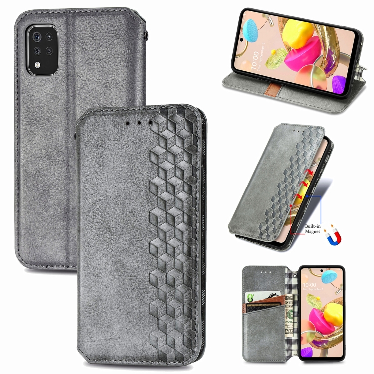 

For LG K42 Cubic Grid Pressed Horizontal Flip Magnetic PU Leather Case with Holder & Card Slots & Wallet(Gray)