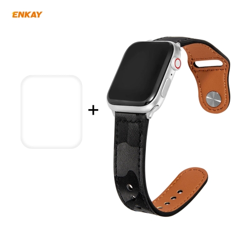 

For Apple Watch Series 6/5/4/SE 40mm Hat-Prince ENKAY 2 in 1 Camouflage Texture PU Leather Watch Band + 3D Full Screen PET Curved Hot Bending HD Screen Protector Film(Black)