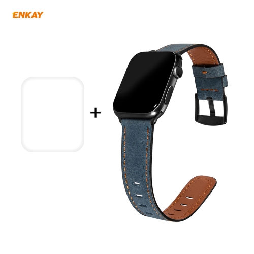 

For Apple Watch Series 6/5/4/SE 44mm Hat-Prince ENKAY 2 in 1 Retro Style PU Leather Watch Band + 3D Full Screen PET Curved Hot Bending HD Screen Protector Film(Blue)