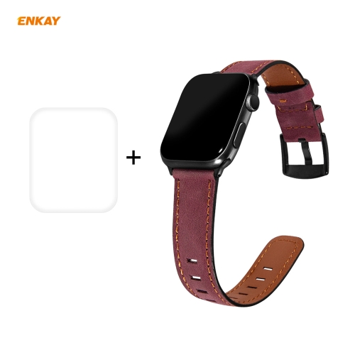 

For Apple Watch Series 6/5/4/SE 44mm Hat-Prince ENKAY 2 in 1 Retro Style PU Leather Watch Band + 3D Full Screen PET Curved Hot Bending HD Screen Protector Film(Purple)