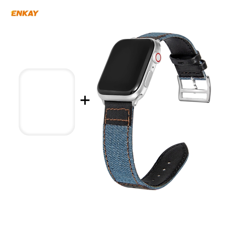 

For Apple Watch Series 6/5/4/SE 44mm Hat-Prince ENKAY 2 in 1 Denim Texture PU Leather Watch Band + 3D Full Screen PET Curved Hot Bending HD Screen Protector Film(Light Blue)