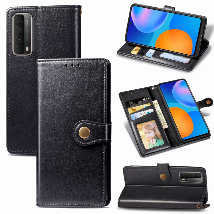 

For Huawei P Smart 2021 Retro Solid Color Leather Buckle Phone Case with Lanyard & Photo Frame & Card Slot & Wallet & Stand Function(Black)
