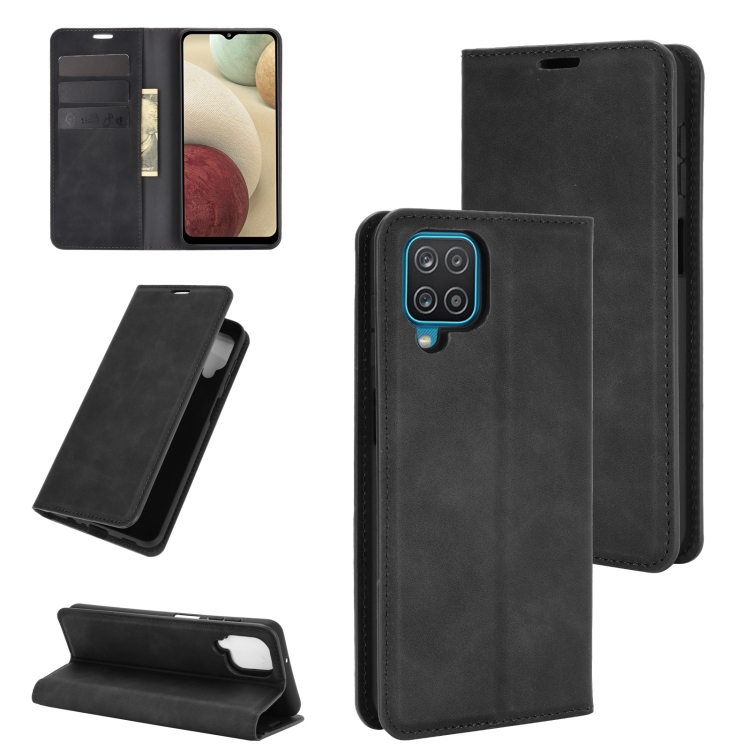 

For Samsung Galaxy A12 Retro-skin Business Magnetic Suction Leather Case with Holder & Card Slots & Wallet(Black)
