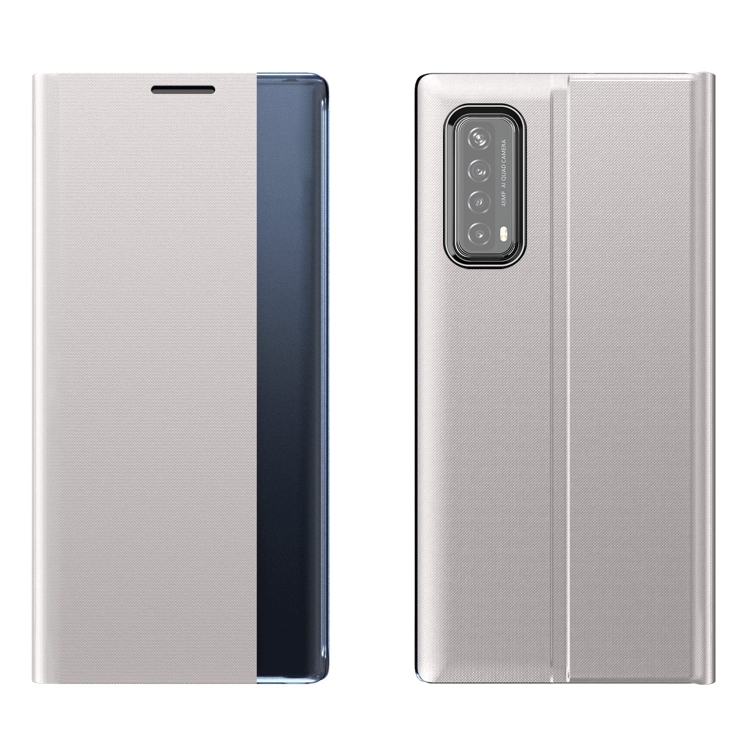 

For Huawei P smart 2021 / Y7a Side Display Magnetic Horizontal Flip Plain Texture Cloth + PC Case with Holder & Sleep / Wake-up Function(Silver)