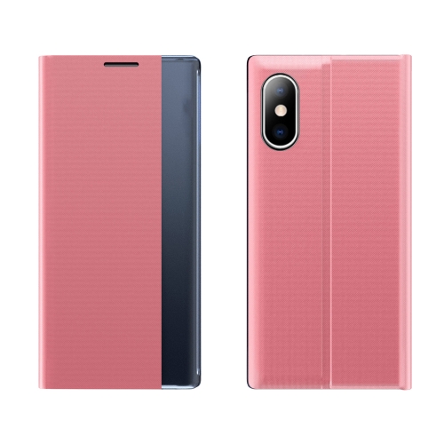 

Side Window Display Magnetic Suction Plain Grain Flip PU Leather + PC Case with Holder For iPhone XS / X(Pink)