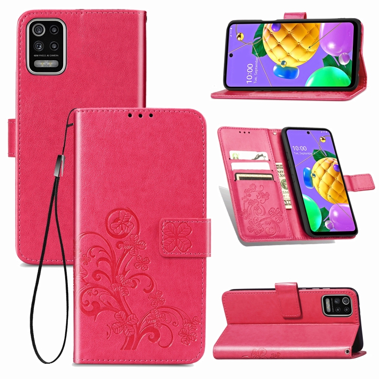 

For LG K52 Four-leaf Clasp Embossed Buckle Mobile Phone Protection Leather Case with Lanyard & Card Slot & Wallet & Bracket Function(Magenta)