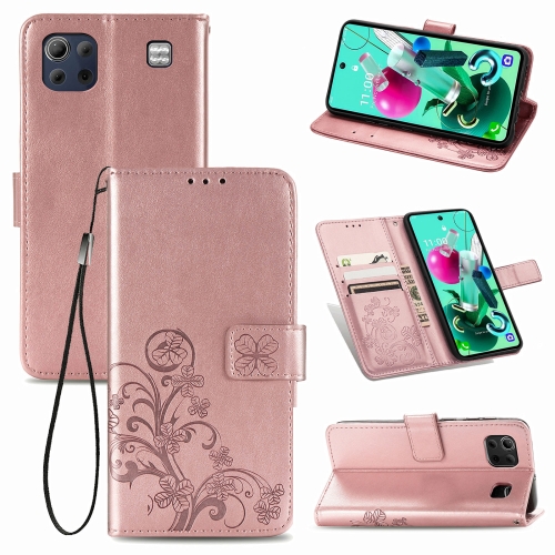

For LG K92 5G Four-leaf Clasp Embossed Buckle Mobile Phone Protection Leather Case with Lanyard & Card Slot & Wallet & Bracket Function(Rose Gold)