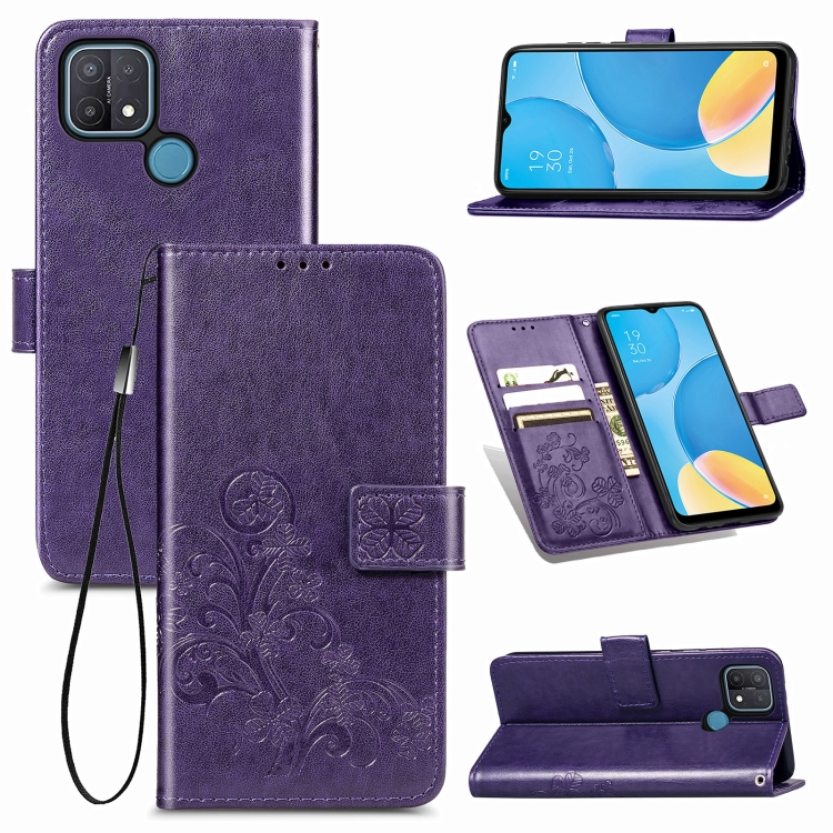 

For OPPO A15 Four-leaf Clasp Embossed Buckle Mobile Phone Protection Leather Case with Lanyard & Card Slot & Wallet & Bracket Function(Purple)