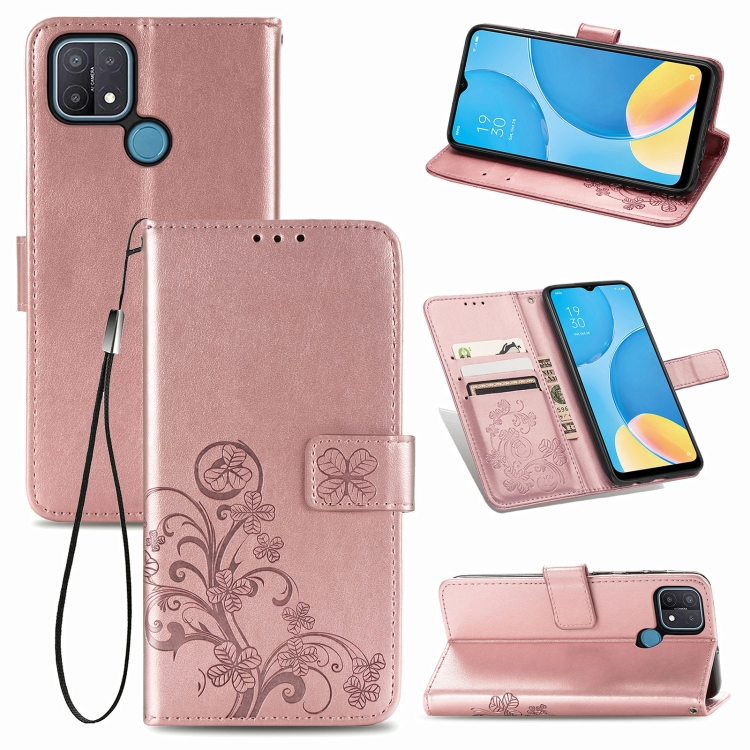 

For OPPO A15 Four-leaf Clasp Embossed Buckle Mobile Phone Protection Leather Case with Lanyard & Card Slot & Wallet & Bracket Function(Rose Gold)
