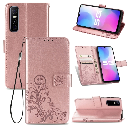 

For vivo Y73S 5G Four-leaf Clasp Embossed Buckle Mobile Phone Protection Leather Case with Lanyard & Card Slot & Wallet & Bracket Function(Rose Gold)