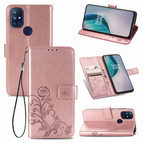 

For One Plus Nord N10 5G Four-leaf Clasp Embossed Buckle Mobile Phone Protection Leather Case with Lanyard & Card Slot & Wallet & Bracket Function(Rose Gold)