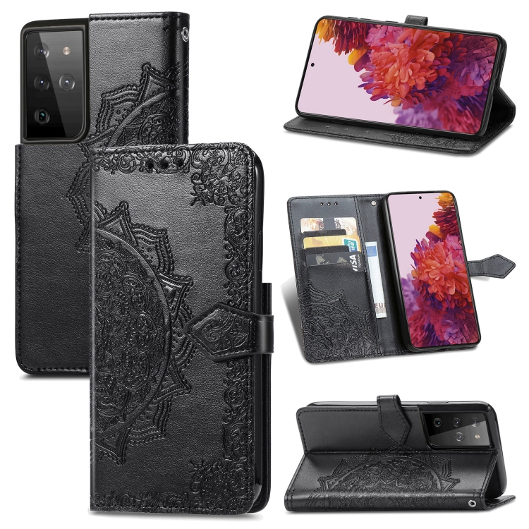 

For Samsung Galaxy S21 Ultra 5G Mandala Flower Embossed Horizontal Flip Leather Case with Holder & Three Card Slots & Wallet & Lanyard(Black)