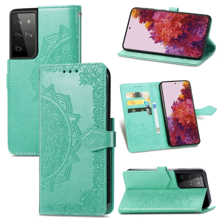 

For Samsung Galaxy S21 Ultra 5G Mandala Flower Embossed Horizontal Flip Leather Case with Holder & Three Card Slots & Wallet & Lanyard(Green)