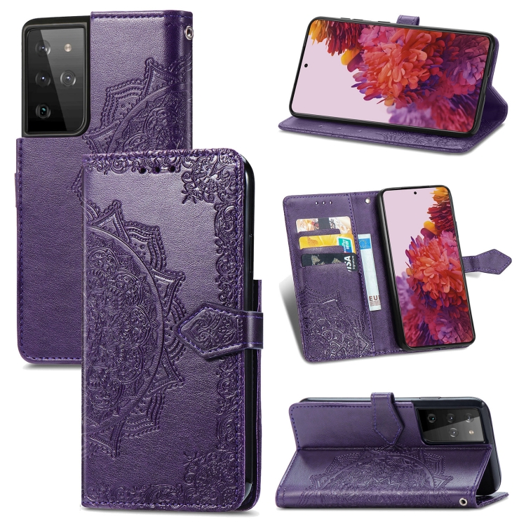 

For Samsung Galaxy S21 Ultra 5G Mandala Flower Embossed Horizontal Flip Leather Case with Holder & Three Card Slots & Wallet & Lanyard(Purple)