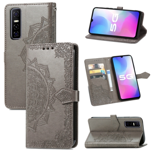 

For vivo Y73S 5G Mandala Flower Embossed Horizontal Flip Leather Case with Holder & Three Card Slots & Wallet & Lanyard(Grey)