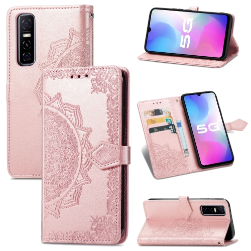 

For vivo Y73S 5G Mandala Flower Embossed Horizontal Flip Leather Case with Holder & Three Card Slots & Wallet & Lanyard(Rose Gold)